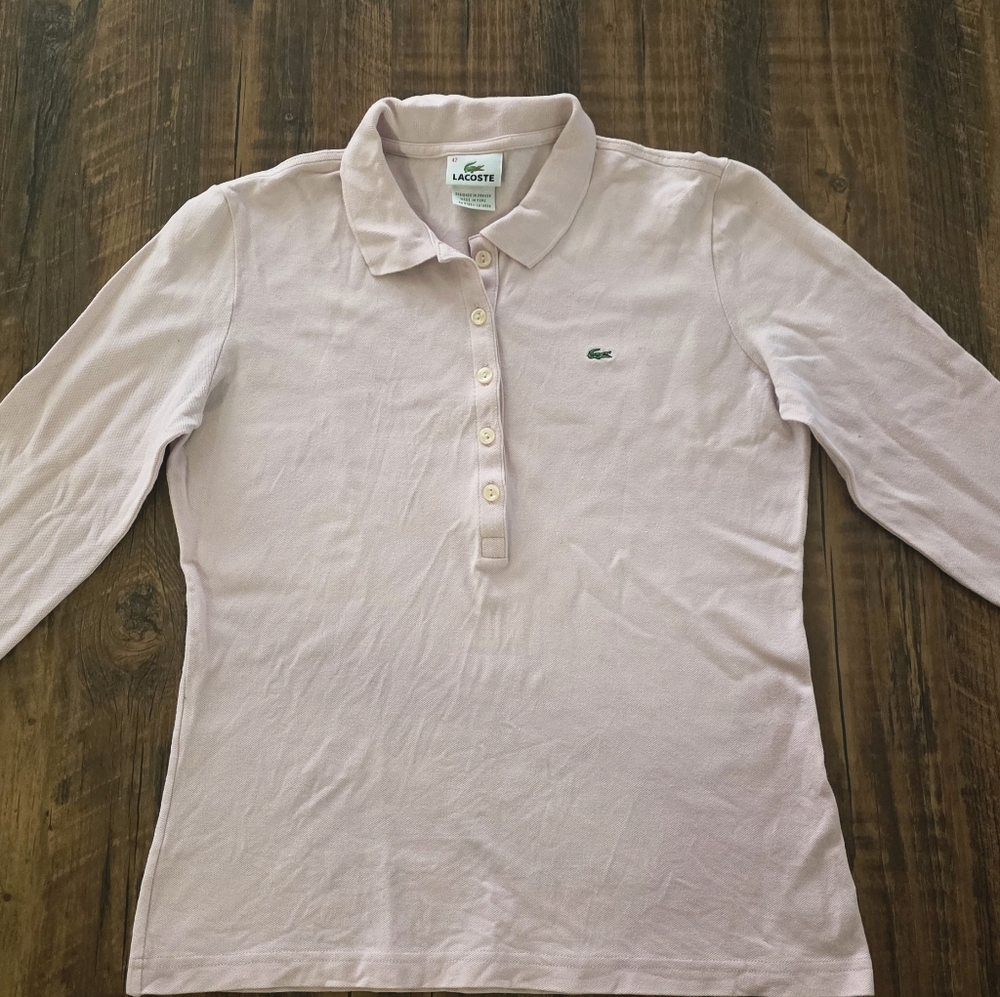 Lacoste Soft Baby Pink Polo Long Sleeve Shirt Size Large 42 Half Button
